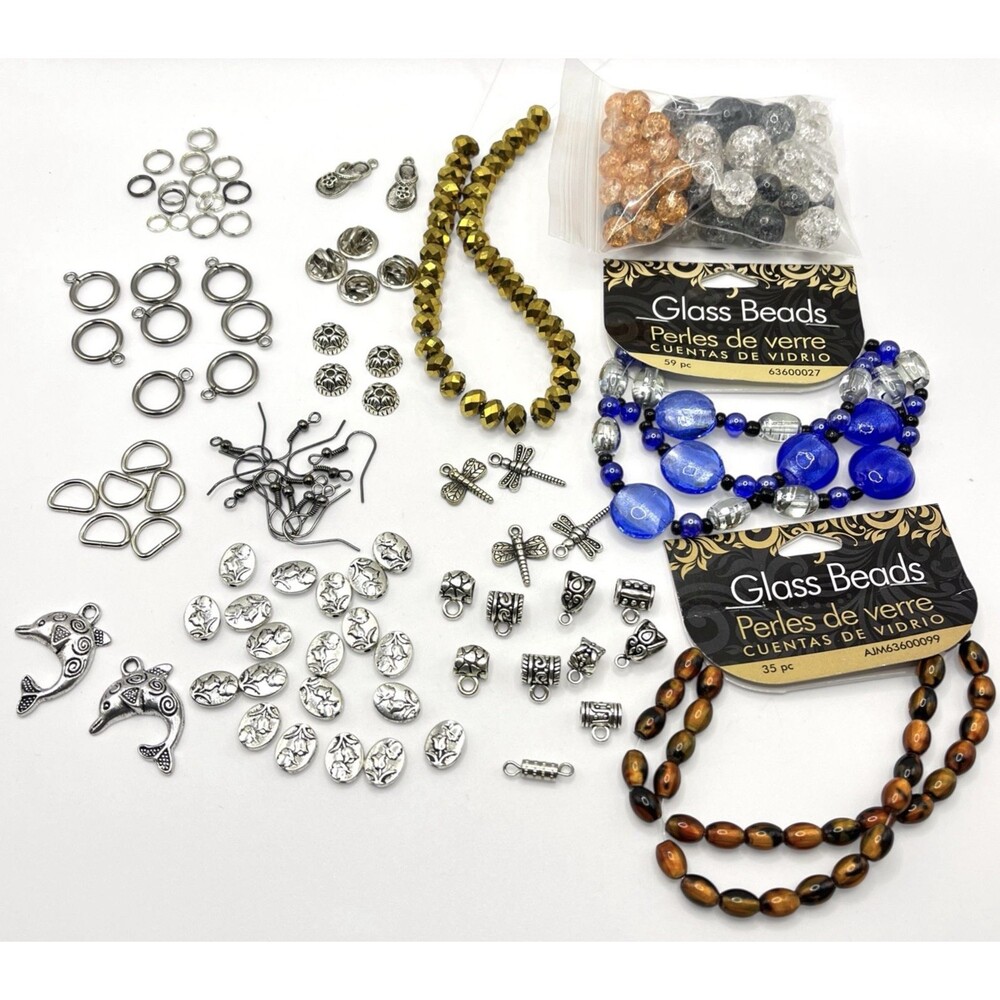 Lot Jewelry Making Glass Beads Silver Tone Charms Findings Hooks Craft Supplies